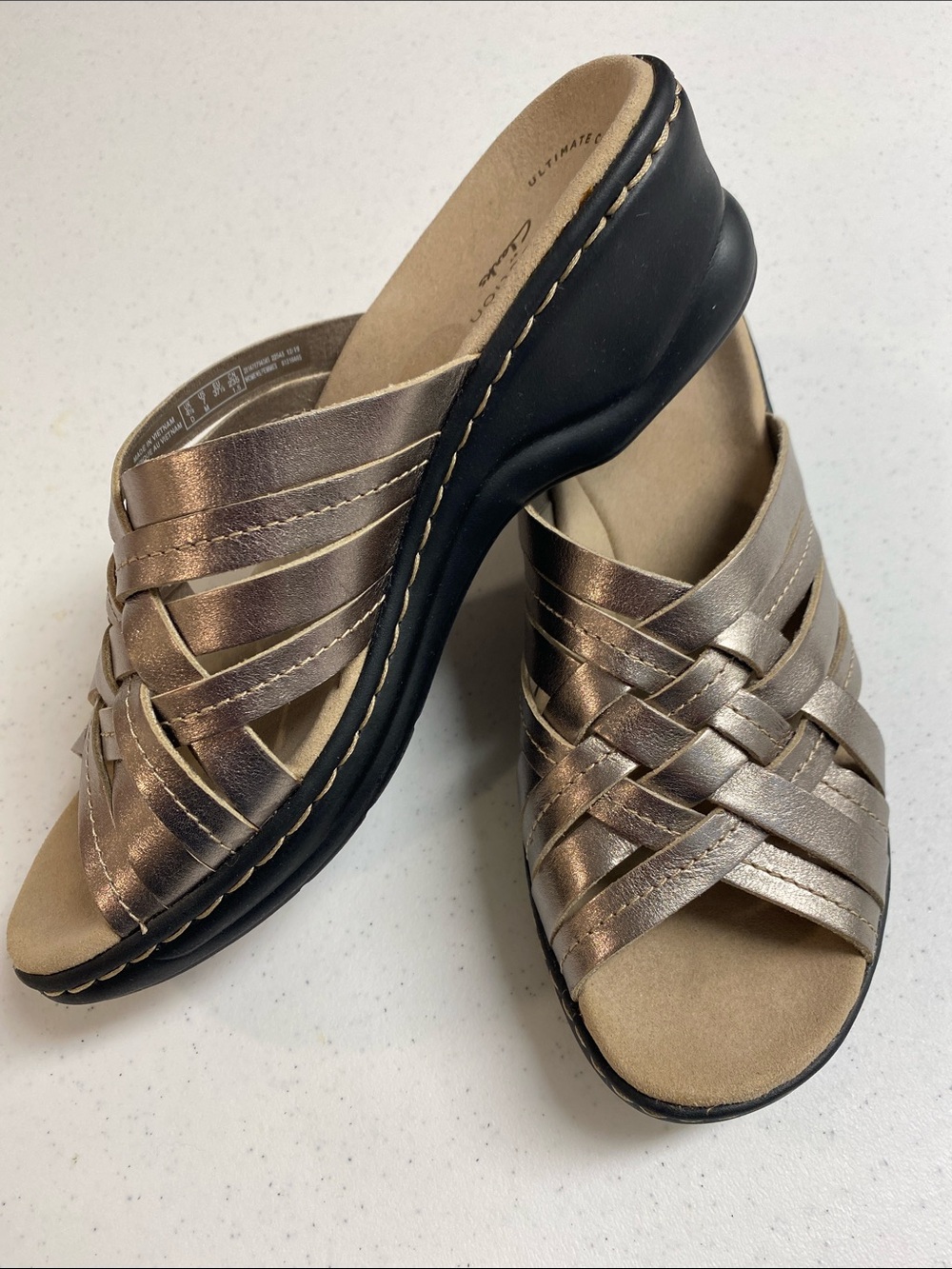 Clarks Wedge Slide Sandals Metallic Bronze Silver Woven Strappy Comfort 7 M